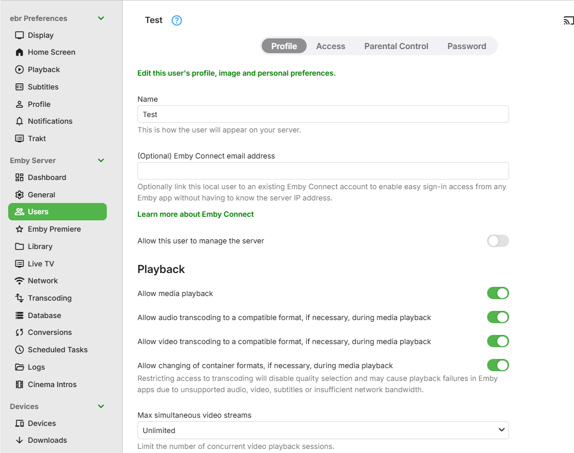 Emby Server controls for an individual user