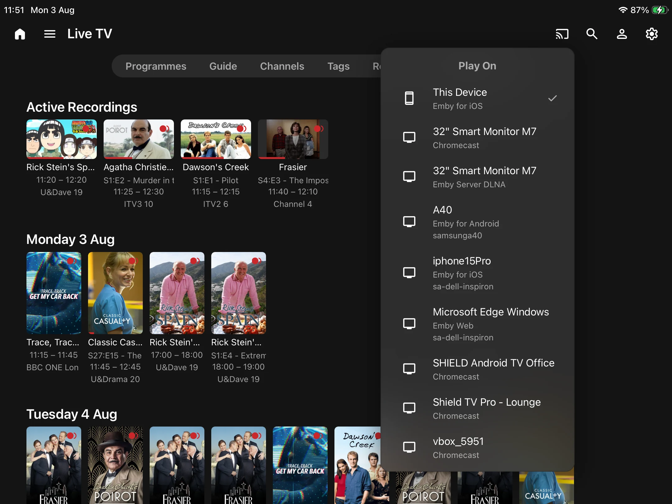 Choosing a playback device from Emby on iPad