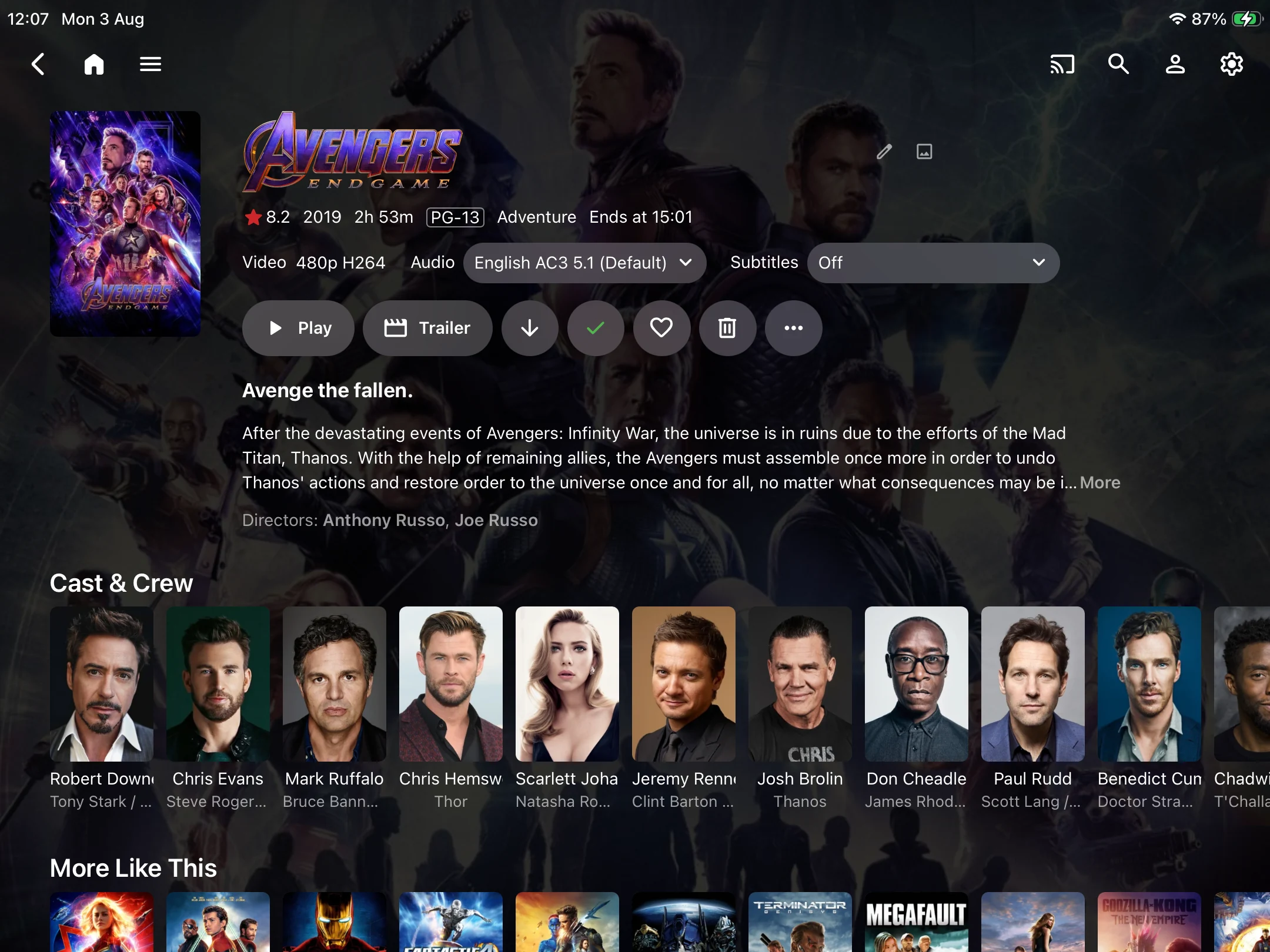 Movie details displayed in Emby on a tablet