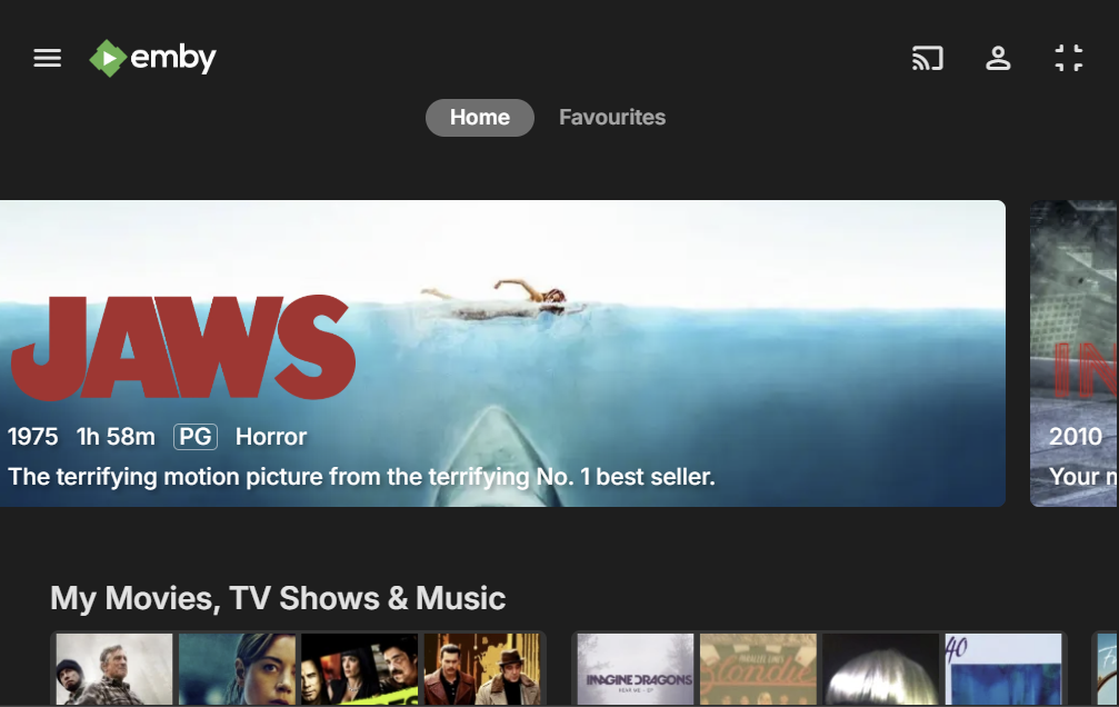 Emby home screen featuring Jaws
